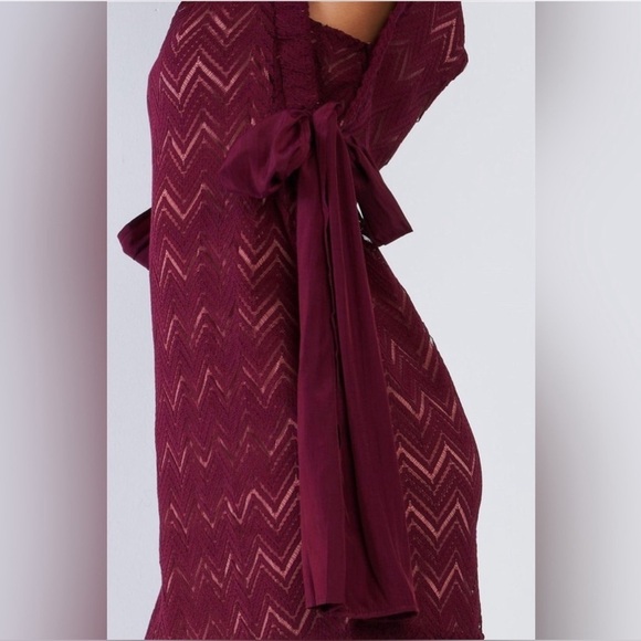 Wine Crochet Sleeveless Lined Mini Dress W/ Ribbon Draw String Tie - Picture 4 of 4